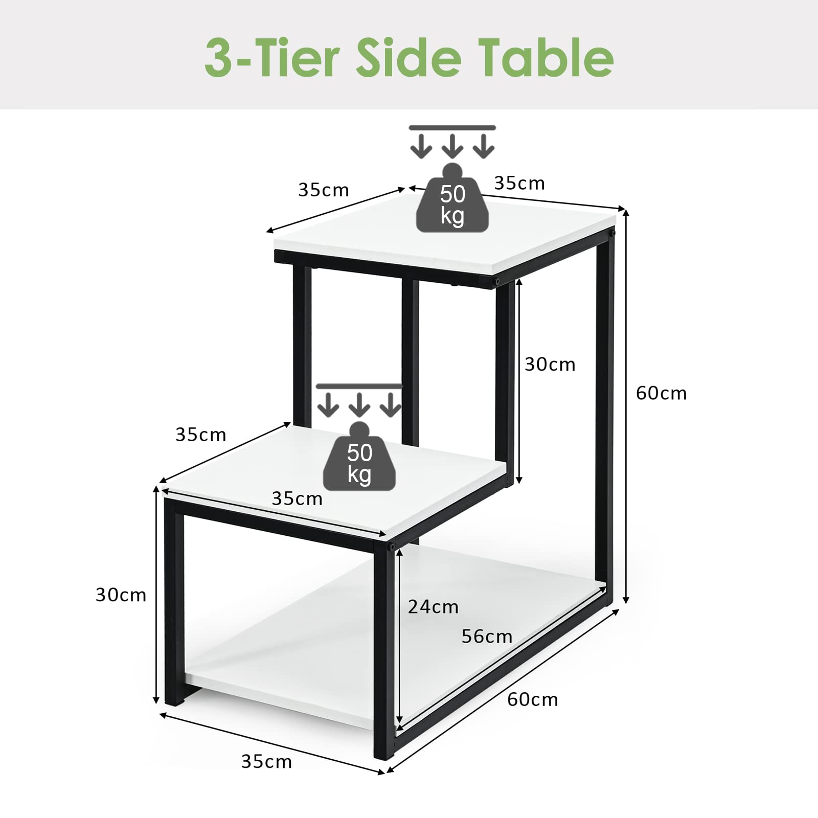 Bedside End Table, 3-Tier Side Table, 3 Storage Shelves, Space-Saving, Modern Sofa End Table Nightstand Unit