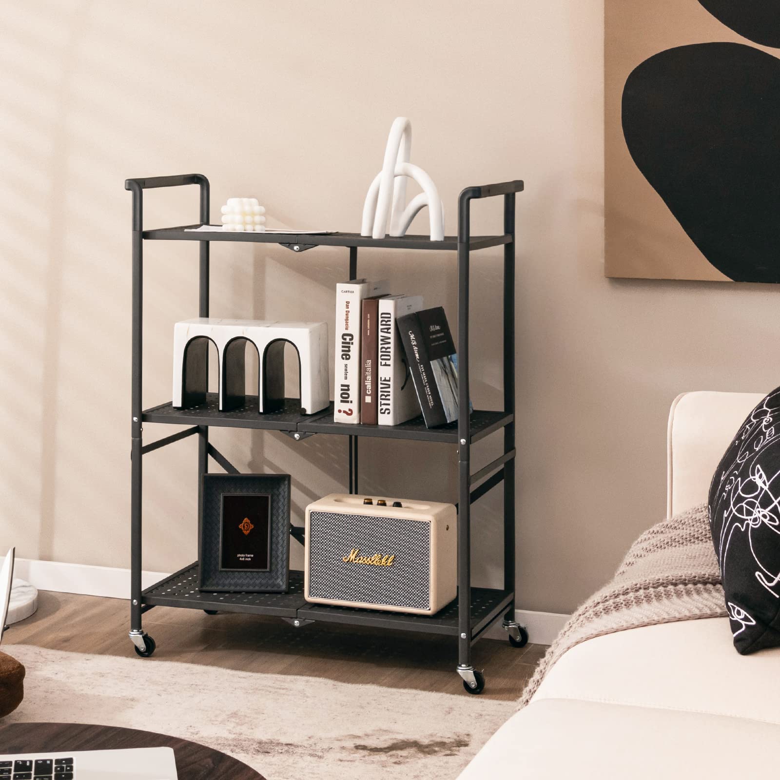 Giantex Foldable Storage Shelves on Wheels, 3-Tier Heavy-Duty Steel Rack with 2 Lockable Casters