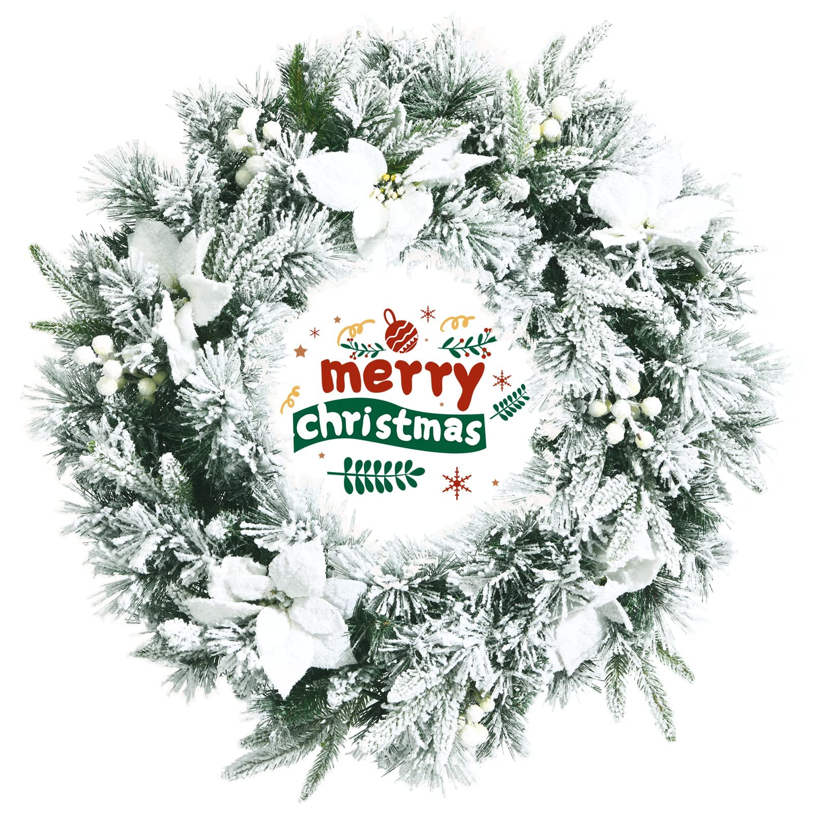 Christmas Wreath, 60CM/24 Inch Pre-Lit Snow Flocked Xmas Wreath