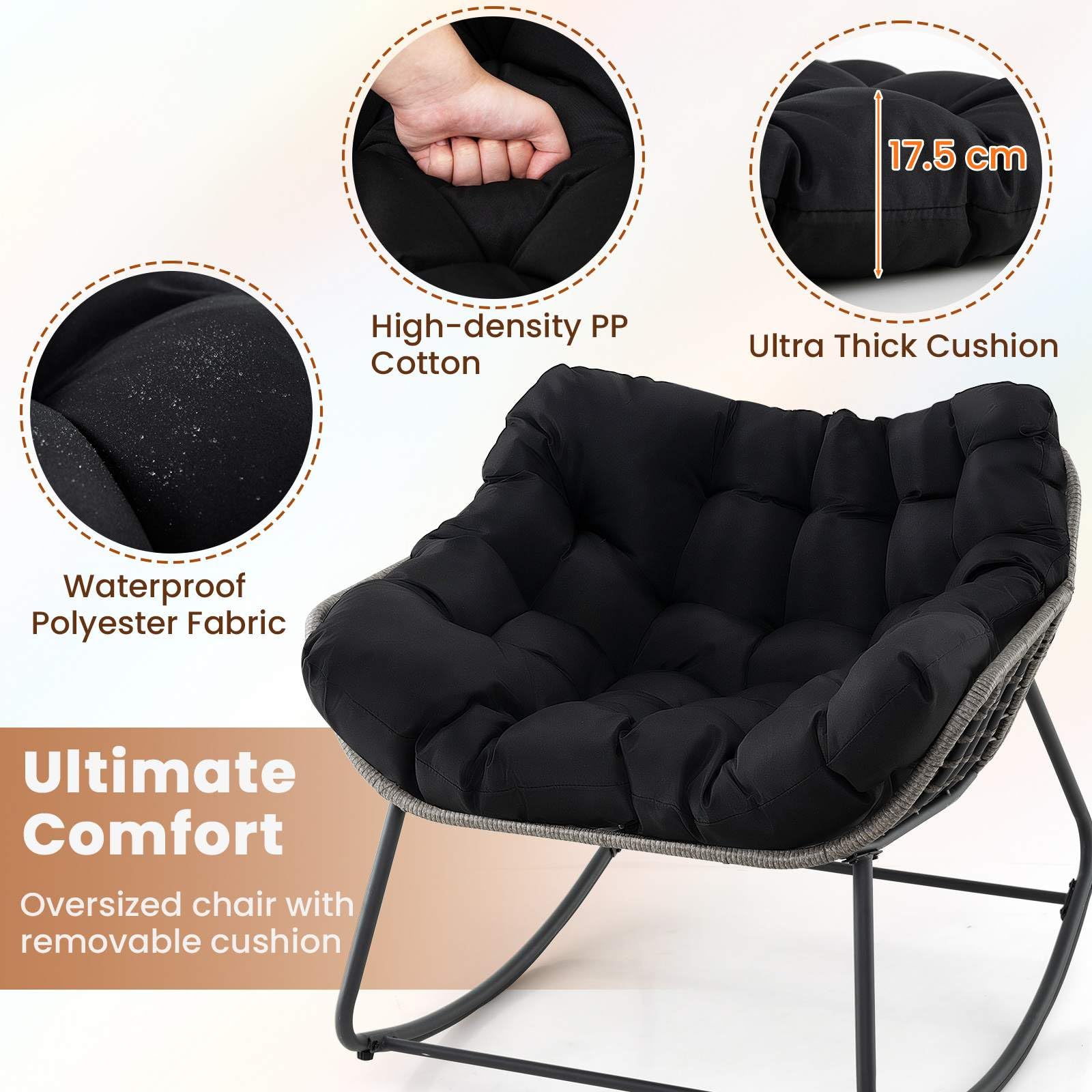 Outdoor Rocking Chair, Oversized Patio PE Wicker Egg Chair