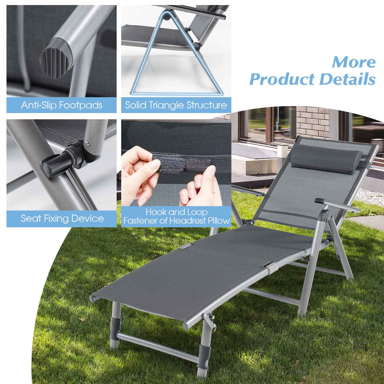 Patio Lounge Chair, Rustproof Aluminum Chaise Lounge Chair with 8-Position Adjustable Backrest