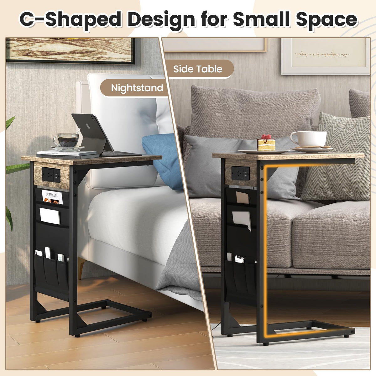 Giantex C Shaped End Table Set of 2, Sofa Side Table with Charging Station & Side Storage Bag