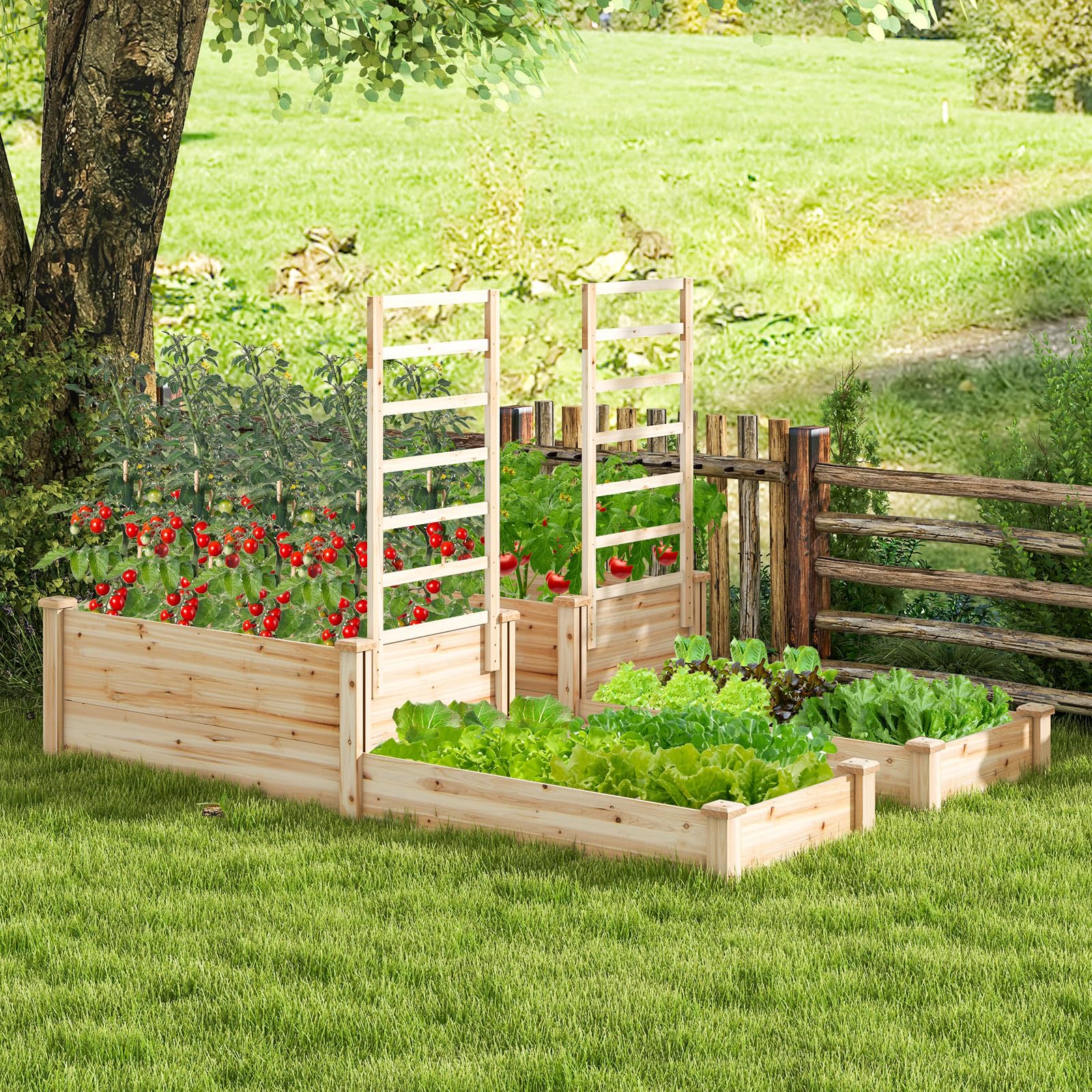 2-Tier Wood Planter Box w/Open-Ended Bottom for Vegetables