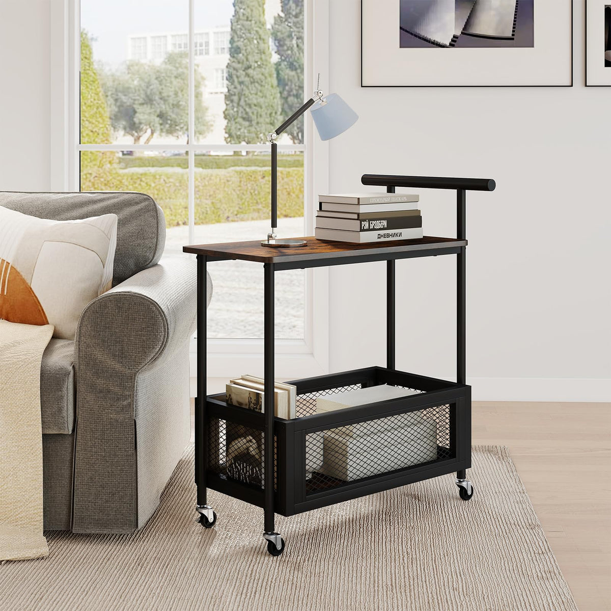 Rolling End Table with Handle, 2-Tier Sofa Side Table with Open Shelf & Mesh Basket