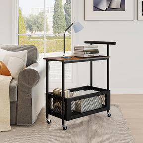 Rolling End Table with Handle, 2-Tier Sofa Side Table with Open Shelf & Mesh Basket