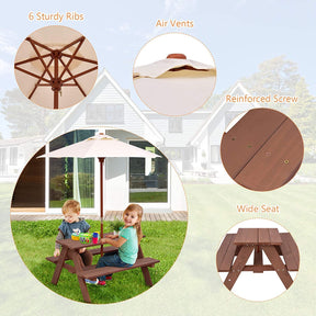 Kids Picnic Table, Wooden Table & Bench Set w/Removable & Foldable Umbrella, Toddler Patio Set for Backyard