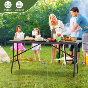 1.5m Folding Picnic Table, Outdoor Dining Table w/Wood Grain HDPE Tabletop