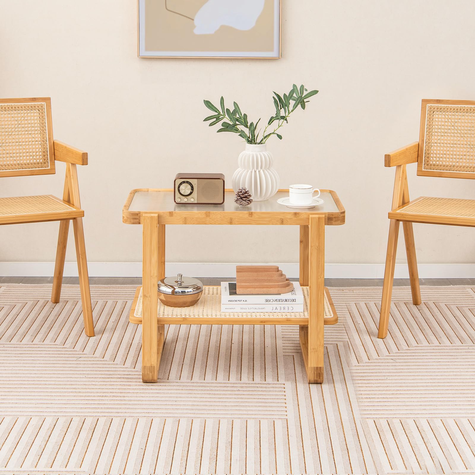 Giantex 2-Tier Bamboo Side Table w/Glass Top, End Table