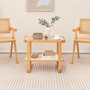 Giantex 2-Tier Bamboo Side Table w/Glass Top, End Table