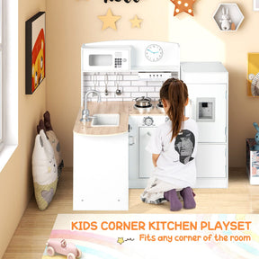 HONEY JOY Kids Corner Kitchen Playset, Wooden Play Kitchen Toy Set w/Realistic Microwave, Oven