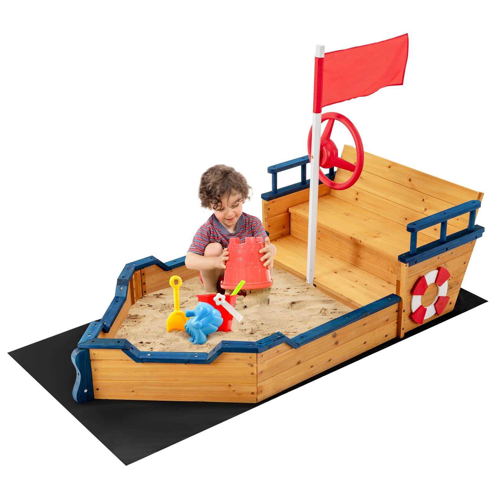 Wooden Sandbox, Large Pirate Ship Play Toy w/2-in-1 Storage Benches, Bottom Sand Protection