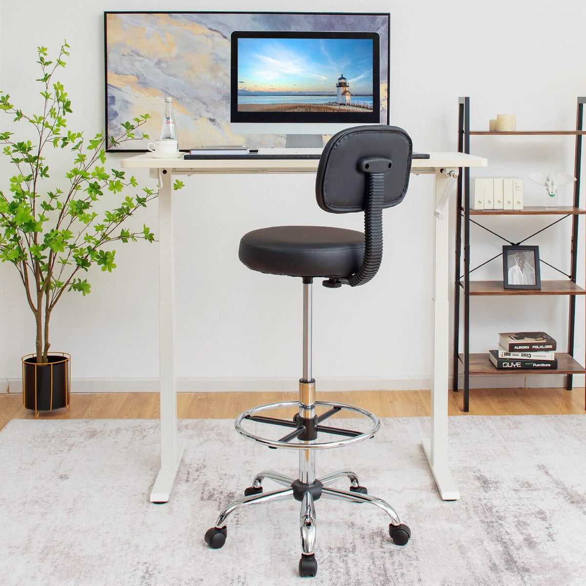 Ergonomic Drafting Chair 150 kg w/Backrest, Faux Leather Upholstered Rolling Stool w/Retractable Mid Back & Adjustable Foot Ring