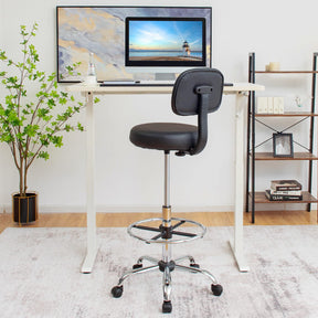 Ergonomic Drafting Chair 150 kg w/Backrest, Faux Leather Upholstered Rolling Stool w/Retractable Mid Back & Adjustable Foot Ring