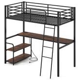 Loft Bed Single Size with Desk, 2-in-1 Metal Loft Bed Frame with Charging Station, Desk and 2 Shelves