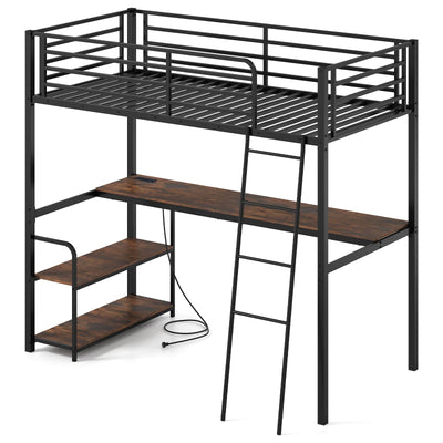 Loft Bed Single Size with Desk, 2-in-1 Metal Loft Bed Frame with Charging Station, Desk and 2 Shelves