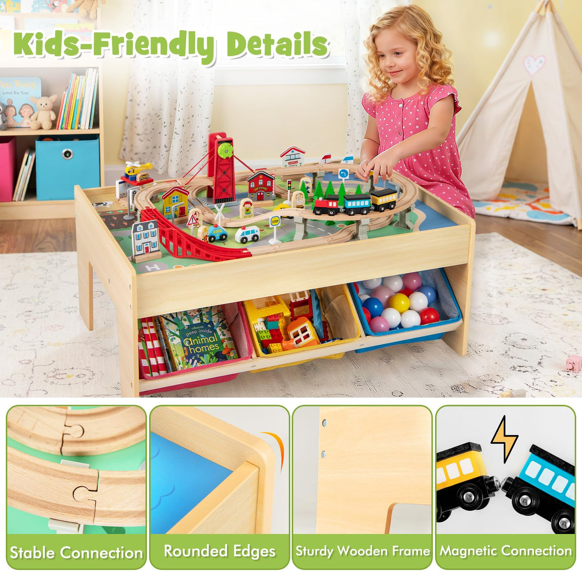 Train Table, 84 Pieces Wooden Kids Activity Toy Table Playset with Reversible Detachable Tabletop, Tracks, Train, Railway, City for Toddler Boys Girls (36’’ x 25’’ x 16’’)