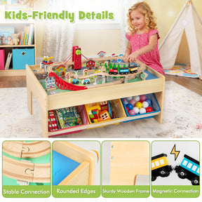 Train Table, 84 Pieces Wooden Kids Activity Toy Table Playset with Reversible Detachable Tabletop, Tracks, Train, Railway, City for Toddler Boys Girls (36’’ x 25’’ x 16’’)