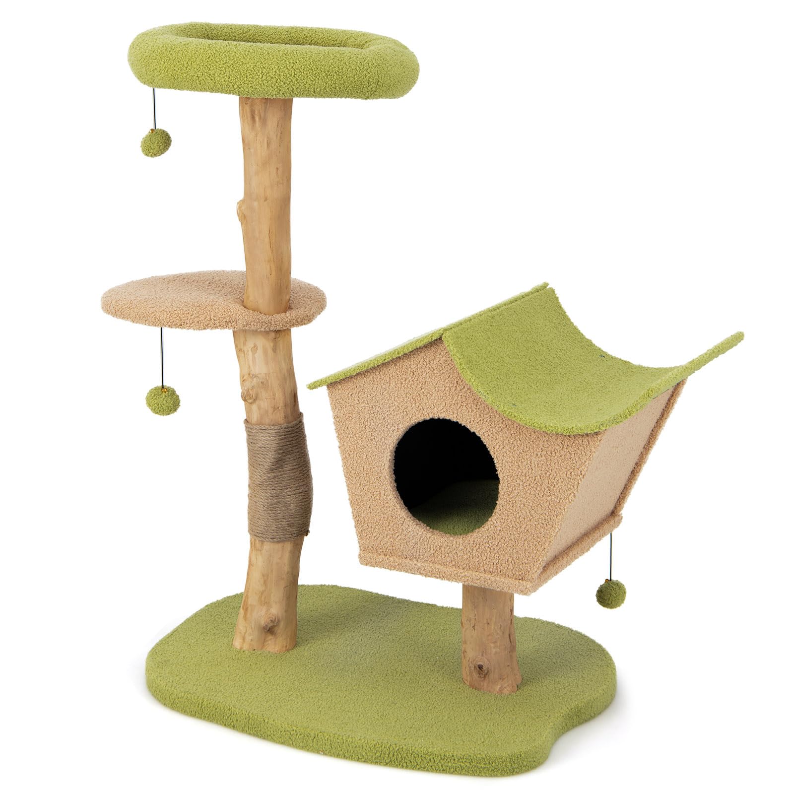 110 CM Cat Tree, Solid Wood Cat Tower with Padded Top Perch