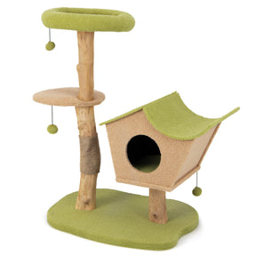 110 CM Cat Tree, Solid Wood Cat Tower with Padded Top Perch