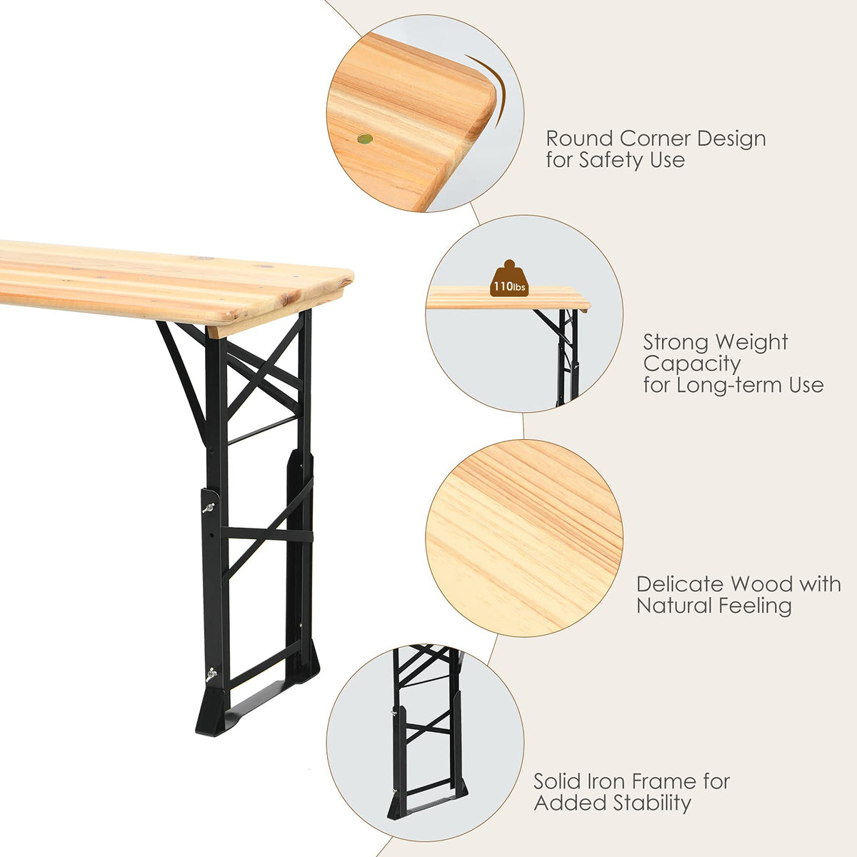 5.5FT Folding Picnic Table, Portable Outdoor Beer Table w/Umbrella Hole & 2 Adjustable Heights