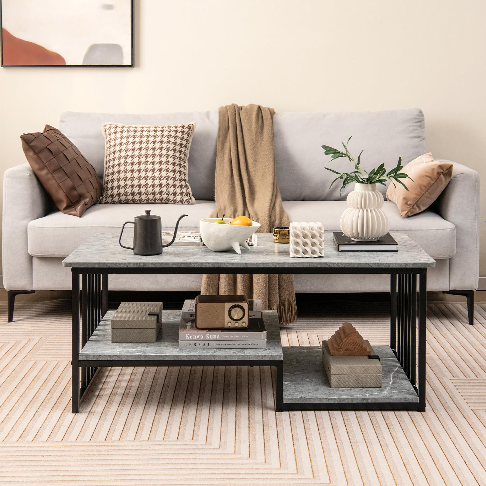 Giantex Faux Marble Coffee Table, Rectangular 2-Tier Center Table with Open Storage Shelf