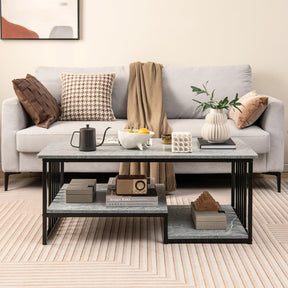 Giantex Faux Marble Coffee Table, Rectangular 2-Tier Center Table with Open Storage Shelf