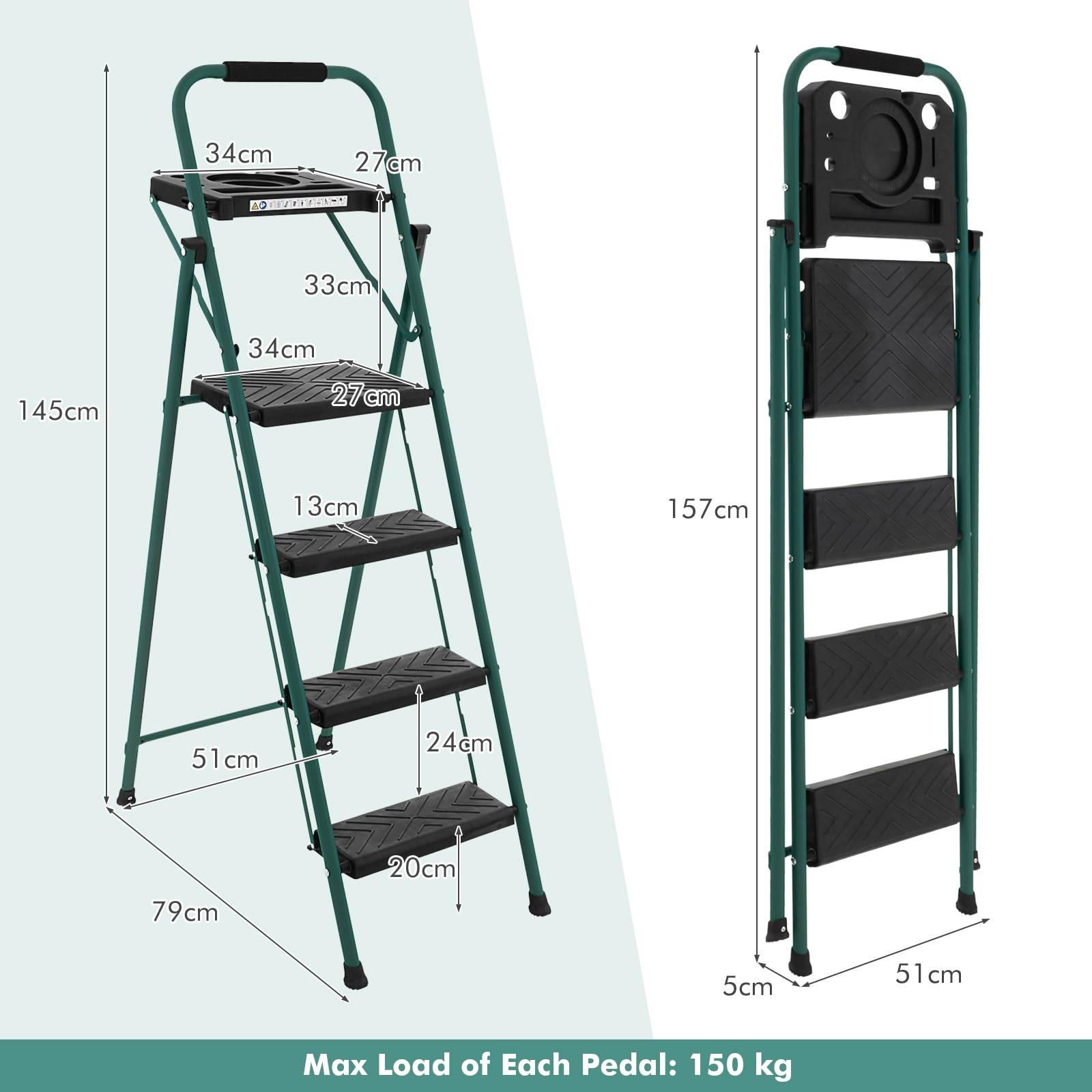 Folding Step Ladder, 4-Step Ladder w/Tool Tray, Non-Slip Footpads & Pedals