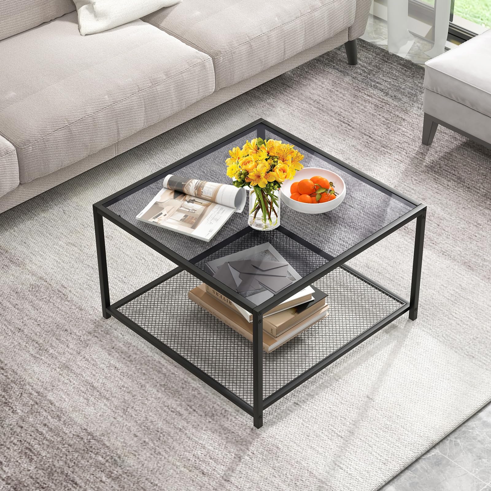 Giantex Glass Coffee Table with Storage, 70cm Modern 2-Tier Square Coffee Table with Mesh Shelf