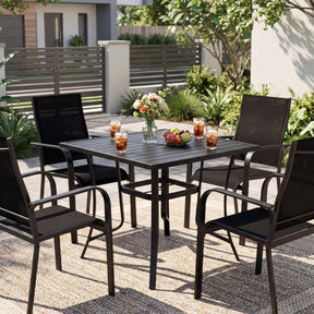 Square Patio Table for 4 , 91 cm Square Metal Slat Table with 4-6 cm Adjustable Umbrella Hole