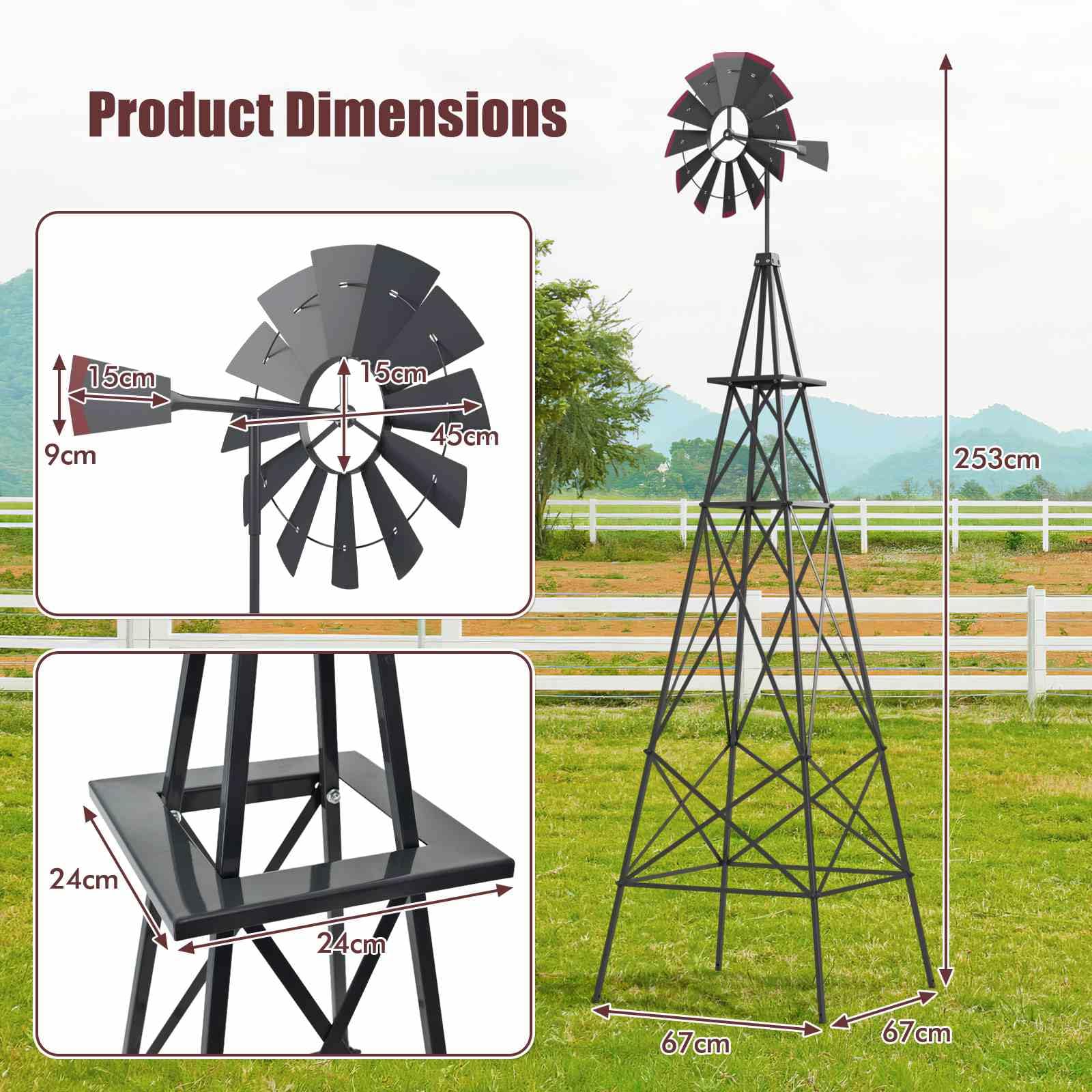 253cm Ornamental Windmill with 4 Support Legs for Backyard, Garden, Farm