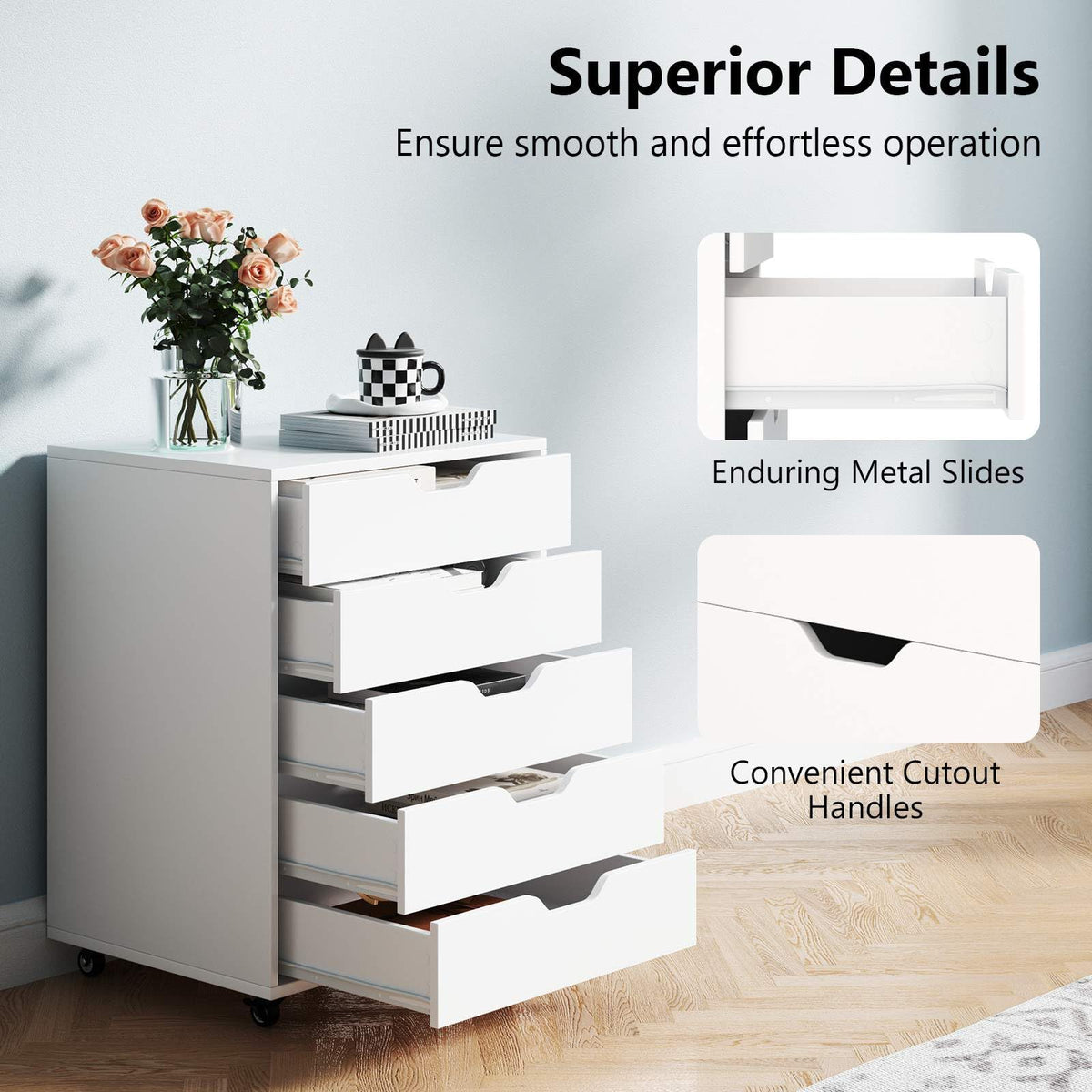 5 Drawer Chest, Rolling Dresser Storage Cabinet with Lockable Wheels, Under Desk Filing Cabinet, Wood Printer Stand for Home Office