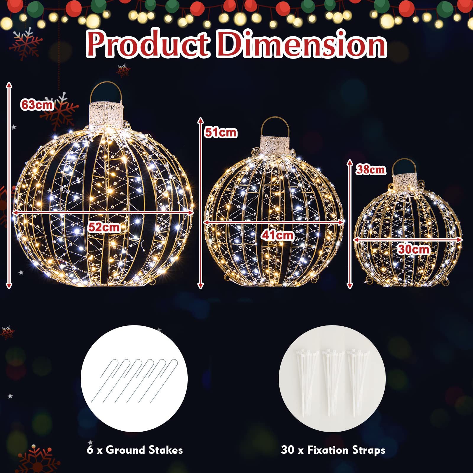 3 Pack Christmas Balls, Outdoor Hanging Light Spheres w/30 Cable Ties & 6 Stakes