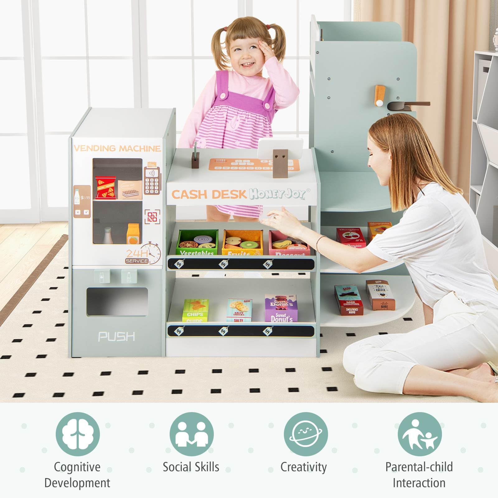 Kids Grocery Store Playset, Wooden Pretend Play Supermarket w/Vending Machine