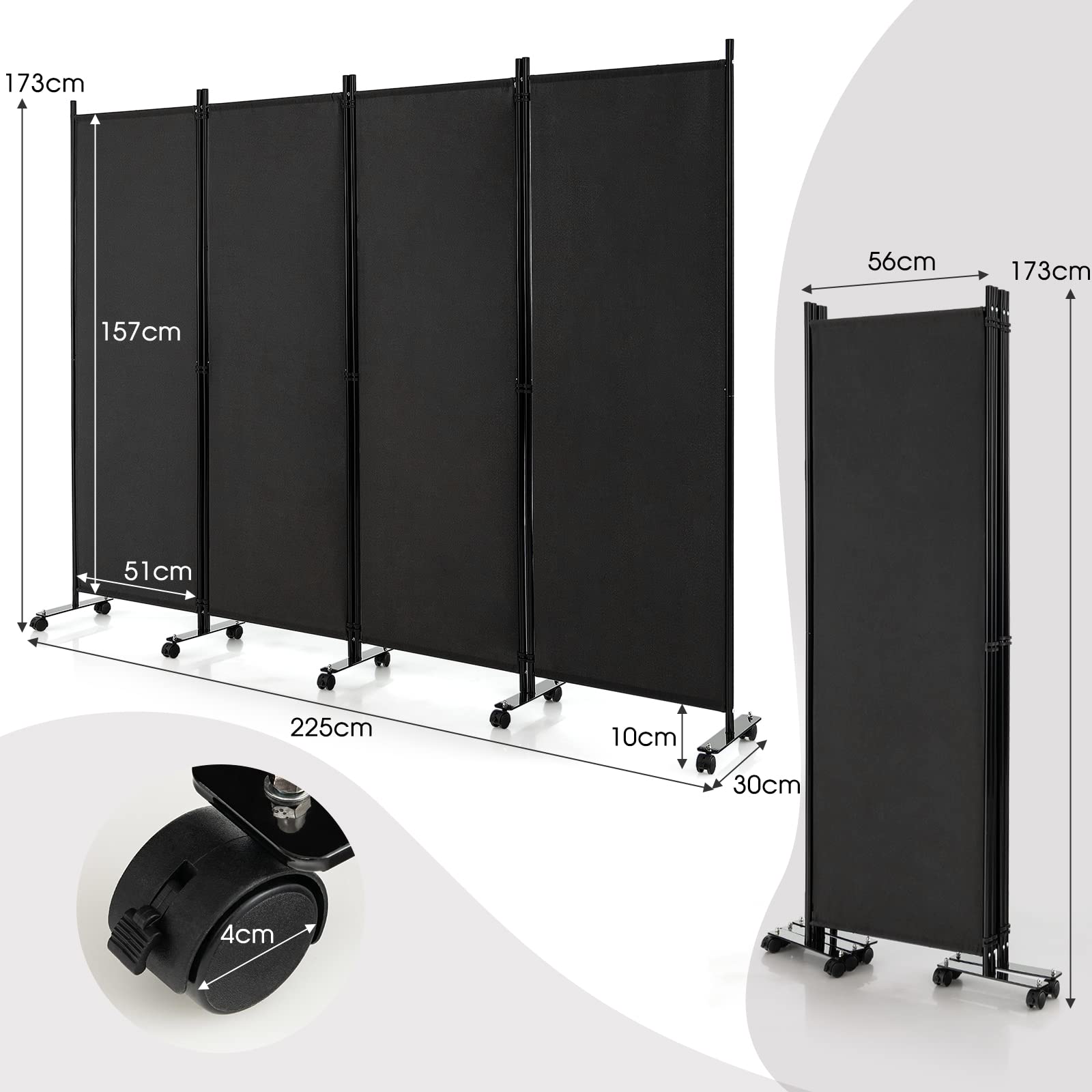 Giantex 4-Panel Folding Room Divider, 1.73m Rolling Privacy Screen with Lockable Wheels