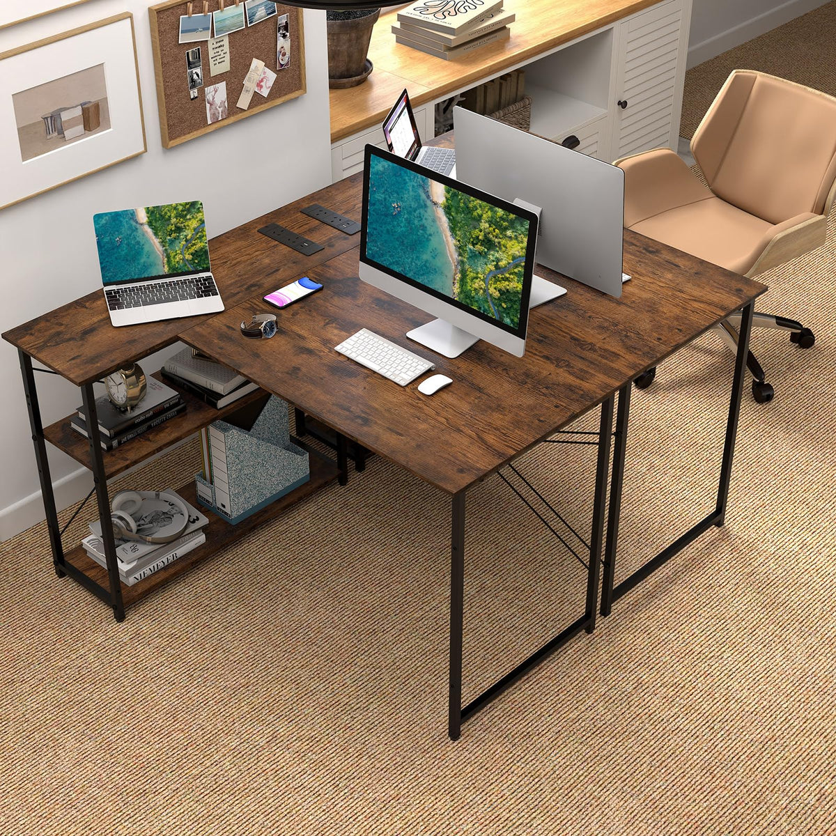 L-Shaped Desk with Power Outlet, Home Office Computer Desk with Reversible Adjustable Storage Shelves