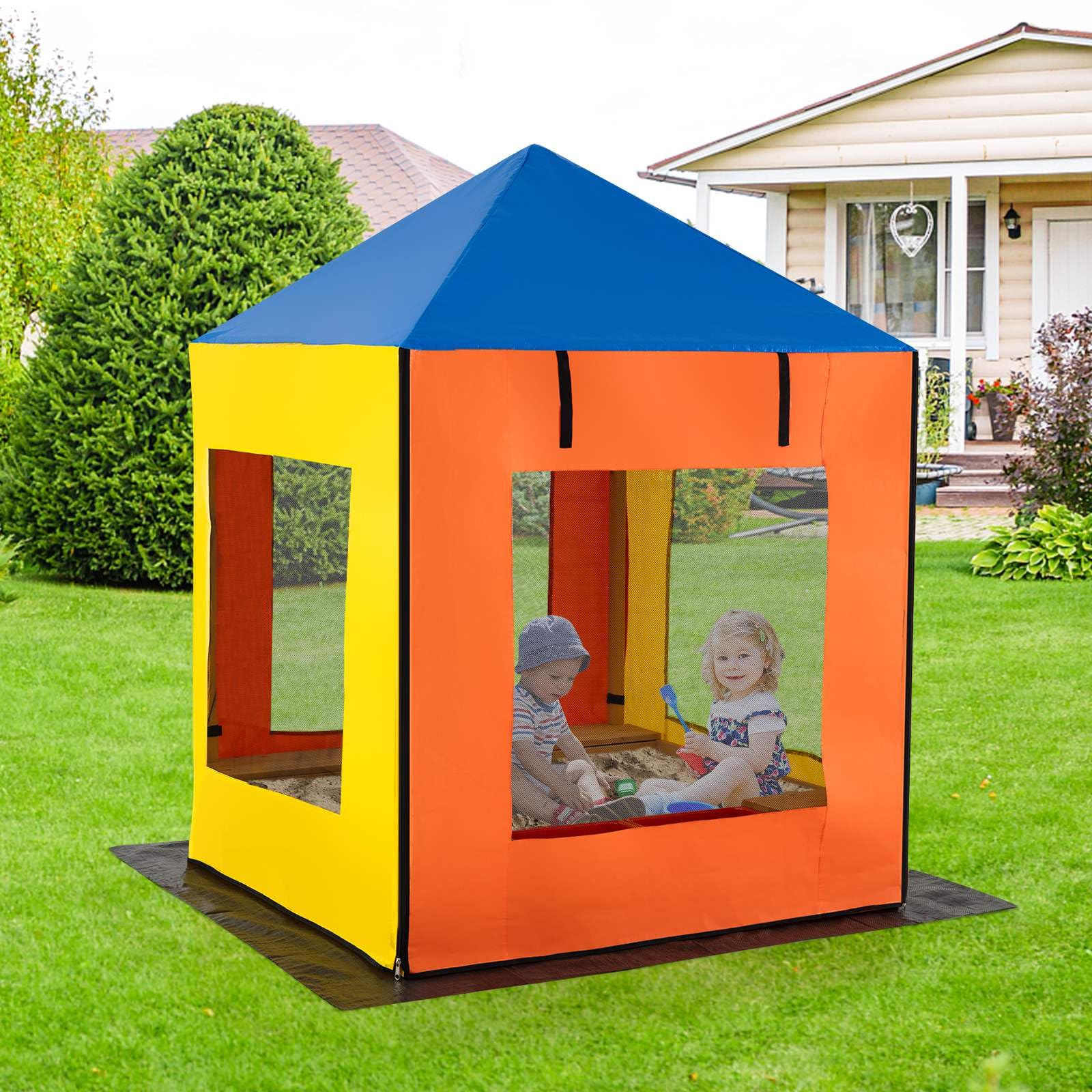 Kids Wooden Sandbox with Canopy, Outdoor Large Fir Wood Playhouse w/Bottom Liner
