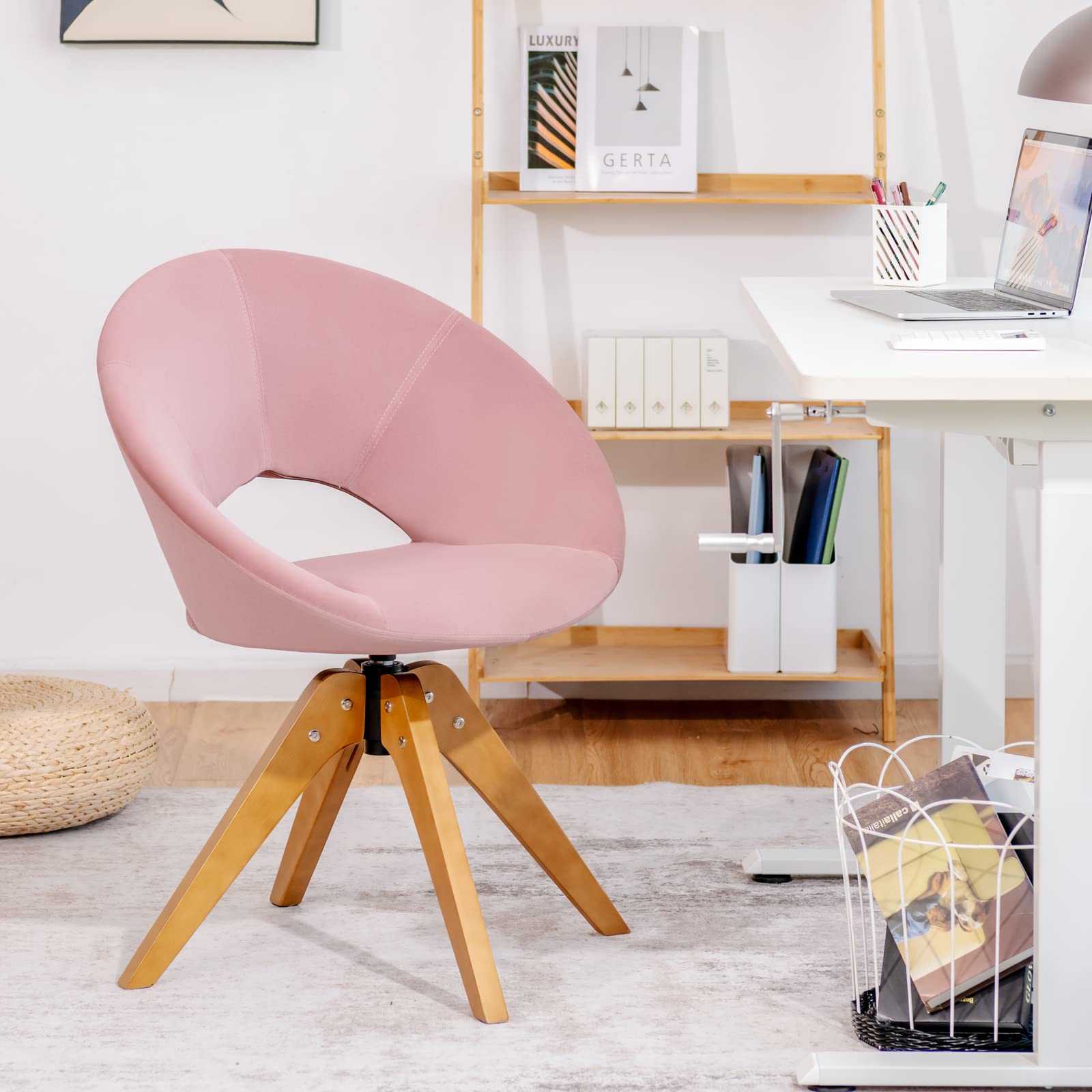 Giantex Swivel Accent Chair, Modern Office Chair w/Solid Wood Legs, Oversized Upholstered Leisure Chair