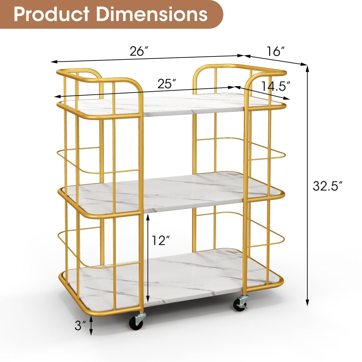 Gold Bar Cart, Home Island Service Cart, 3 Tier Storage Shelves with Guardrail, Imitation Marble Top