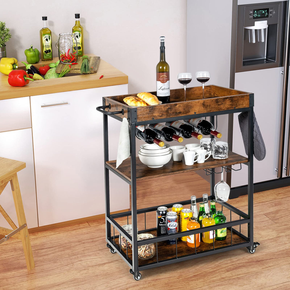 Rolling Bar Cart, Kitchen Serving Cart w/Removable Tray, Wine Rack and Glass Holder