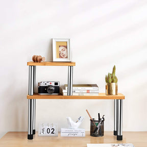 Giantex 2-Tier Storage Shelf, Premium Bamboo & Stainless Steel Corner Shelf, Storage Rack Display Shelf