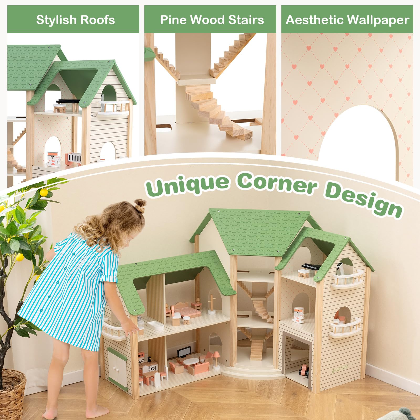 HONEY JOY Wooden Corner Dollhouse Playset, Green Roof Doll House with 34 Pieces of Furniture and Accessories