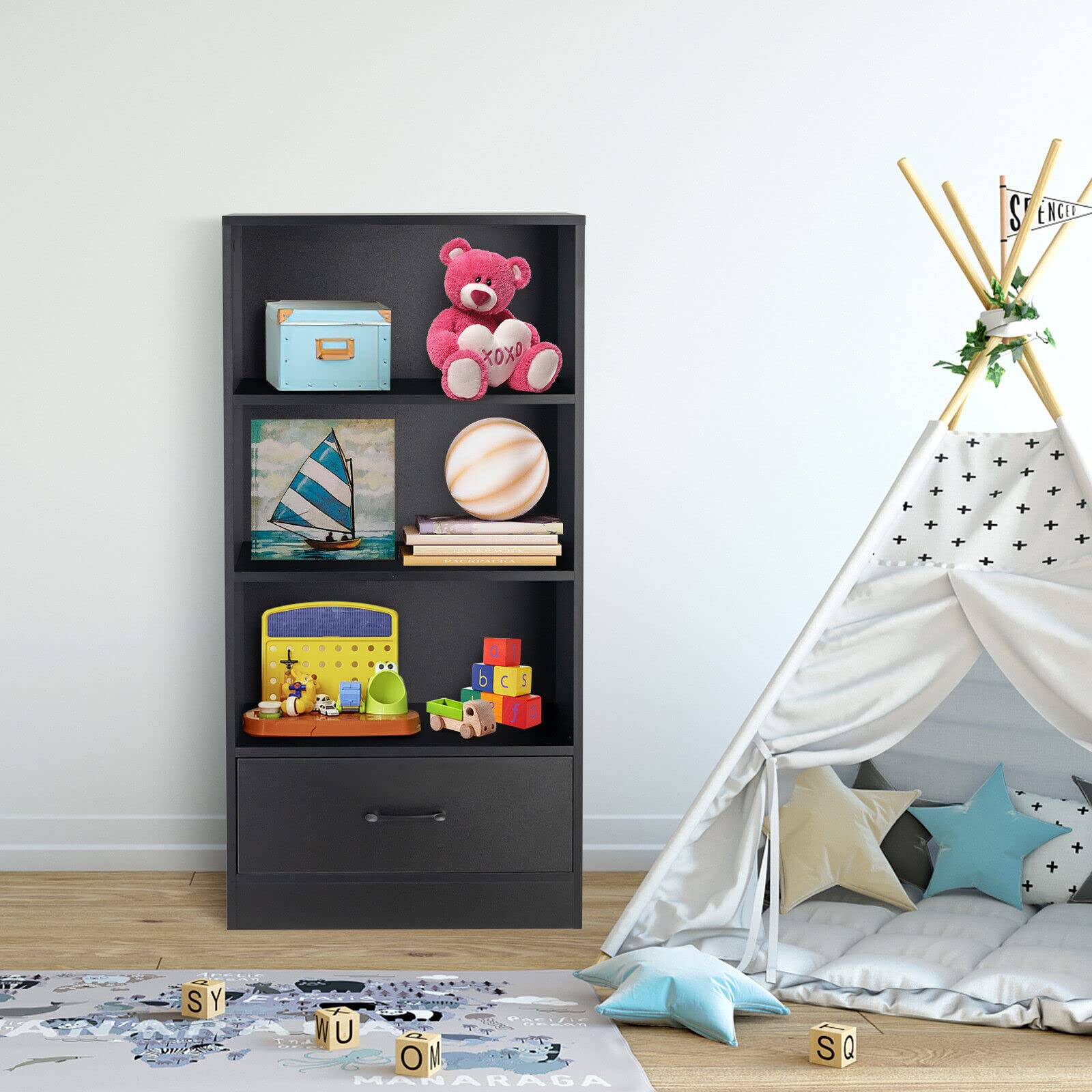 Giantex 4-Tier Storage Shelf, Wood Bookcase w/ Storage Drawer and Anti-toppling Device, Floor Standing Bookshelf