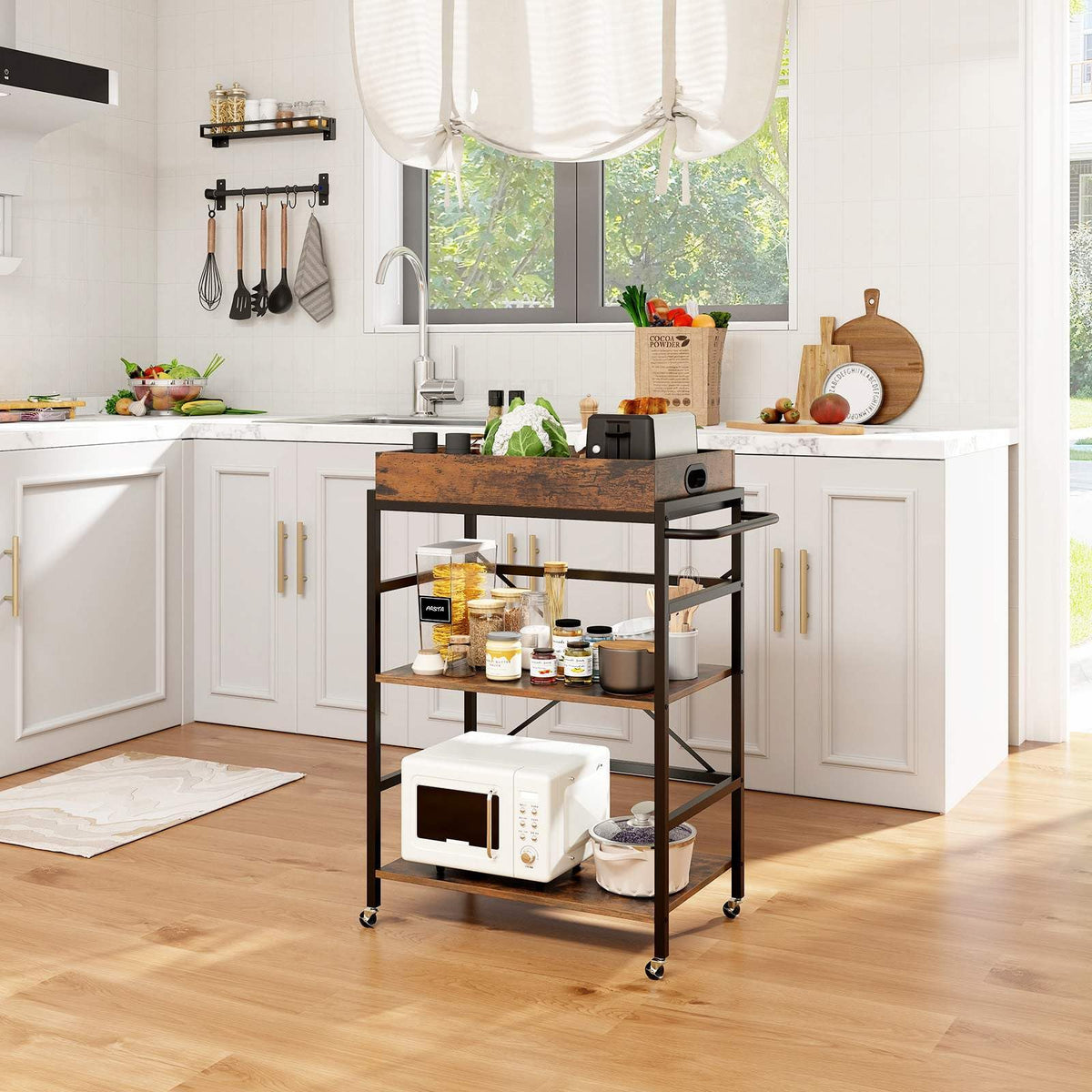 3-Tier Bar Cart, Industrial Serving Cart with Detachable Tray, 4 Lockable Casters & 1 Handy Handle