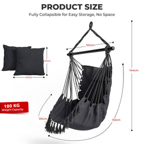 Hammock Swing Chair, Hanging Rope Swing w/Detachable Steel Bars, Side Pocket, Head Pillow & 2 Cushions