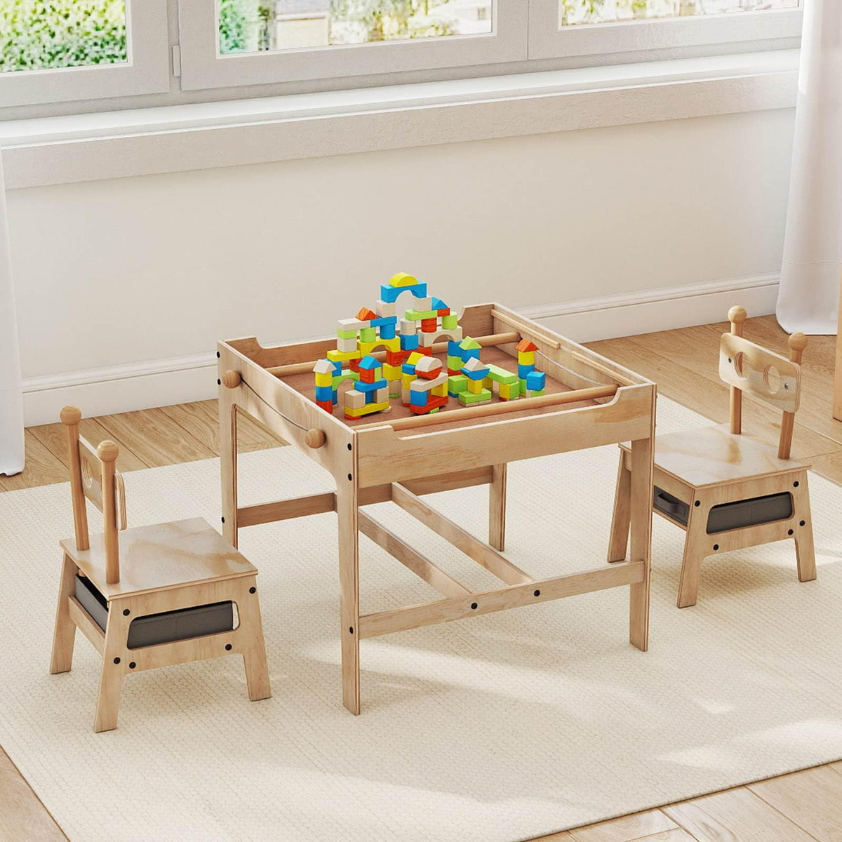 4-in-1 Kids Table and Chairs Set with Reversible Whiteboard for Arts Robot Style