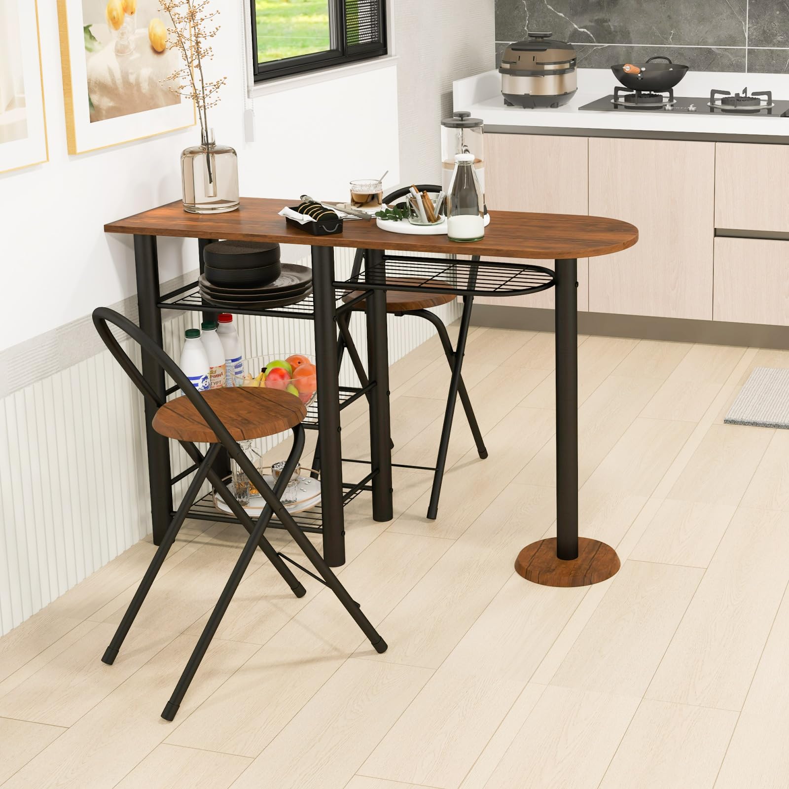 Giantex 3-Piece Dining Table Set Retro Dining Table & 2 Foldable Chairs w/ 4-Tier Storage Shelf
