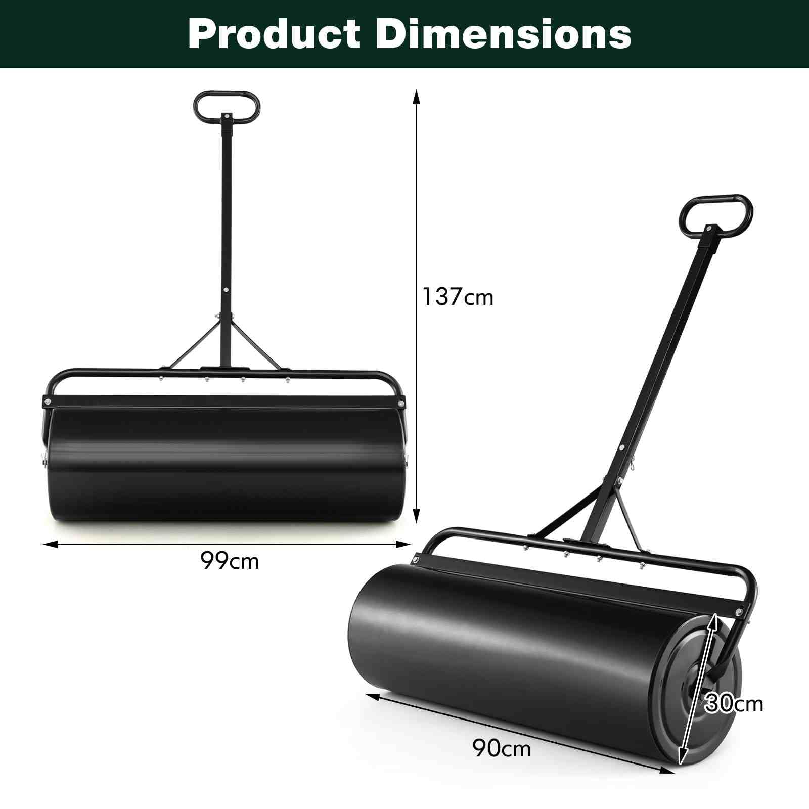 Metal Lawn Roller, Push/Tow-Behind Lawn Roller, 63L Water/Sand-Filled Sod Roller with Detachable Gripping Handle