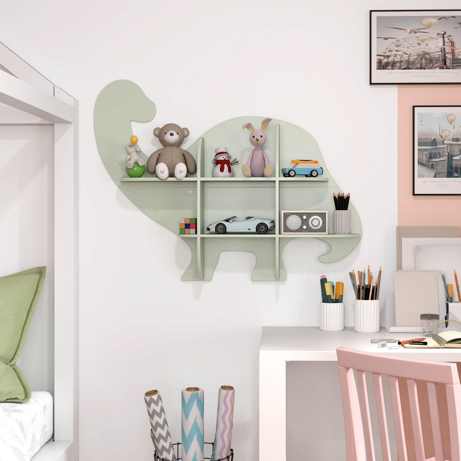 Floating Dinosaur Kids Bookshelf, 2-Tier Wooden Hanging Bookcase for Children