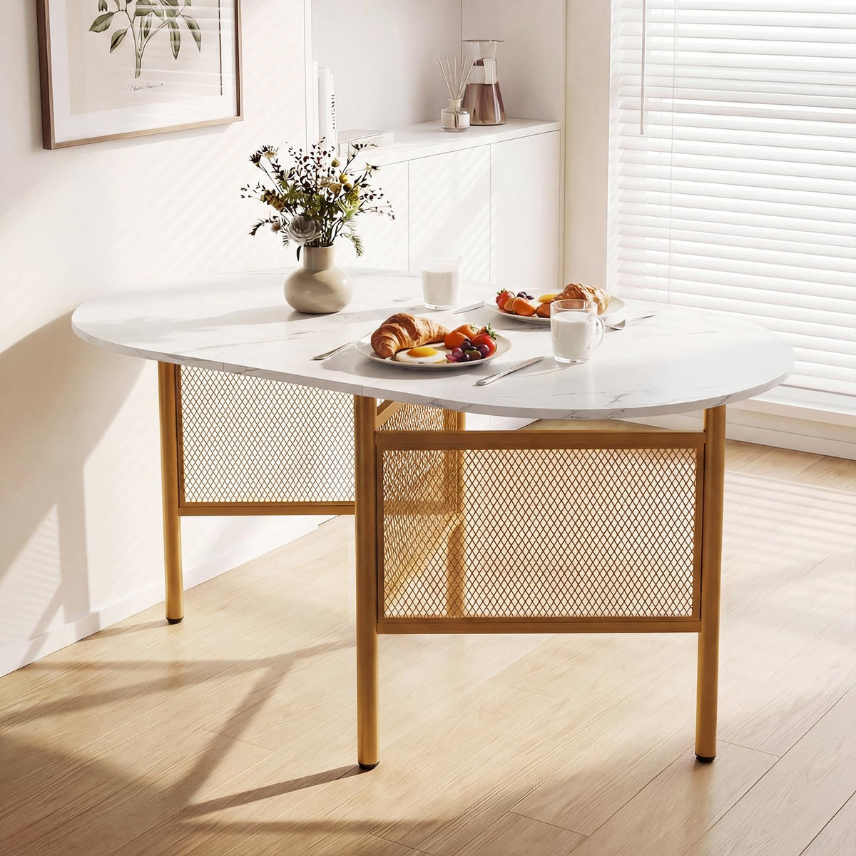 150 CM Folding Dining Table for 6-8 People, Drop Leaf Space Saving Oval Kitchen Table with Golden Metal Legs & Marble-Finished Tabletop