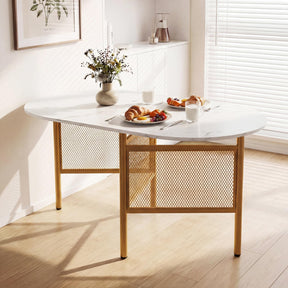 150 CM Folding Dining Table for 6-8 People, Drop Leaf Space Saving Oval Kitchen Table with Golden Metal Legs & Marble-Finished Tabletop